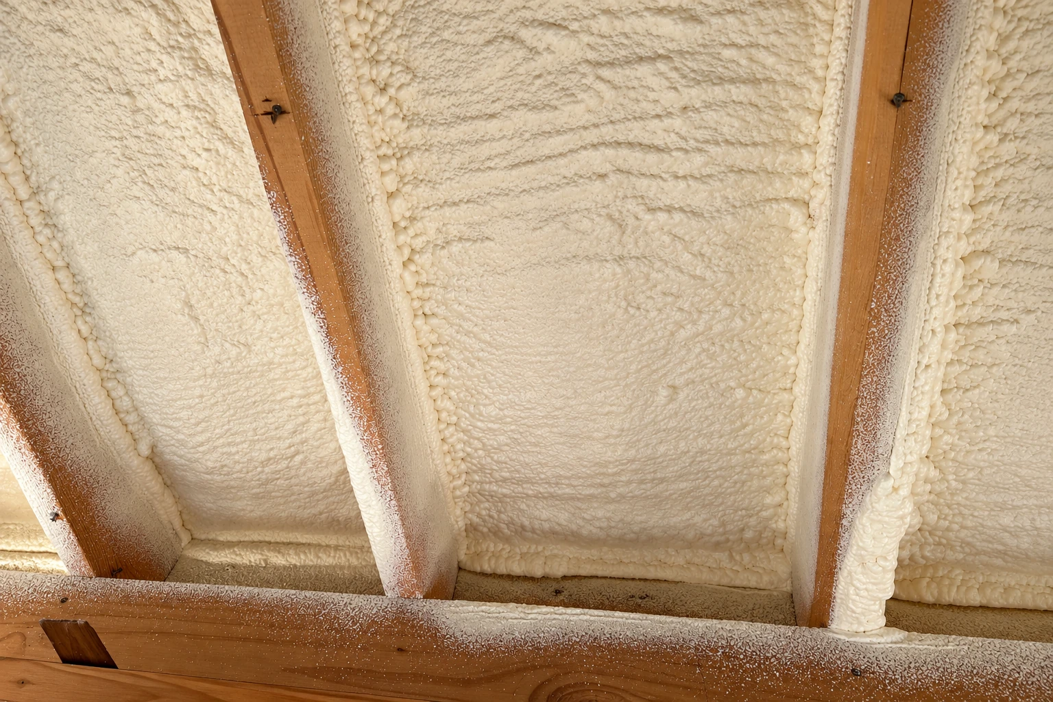 Thick white spray foam coats the underside of a roof between exposed wooden rafters.
