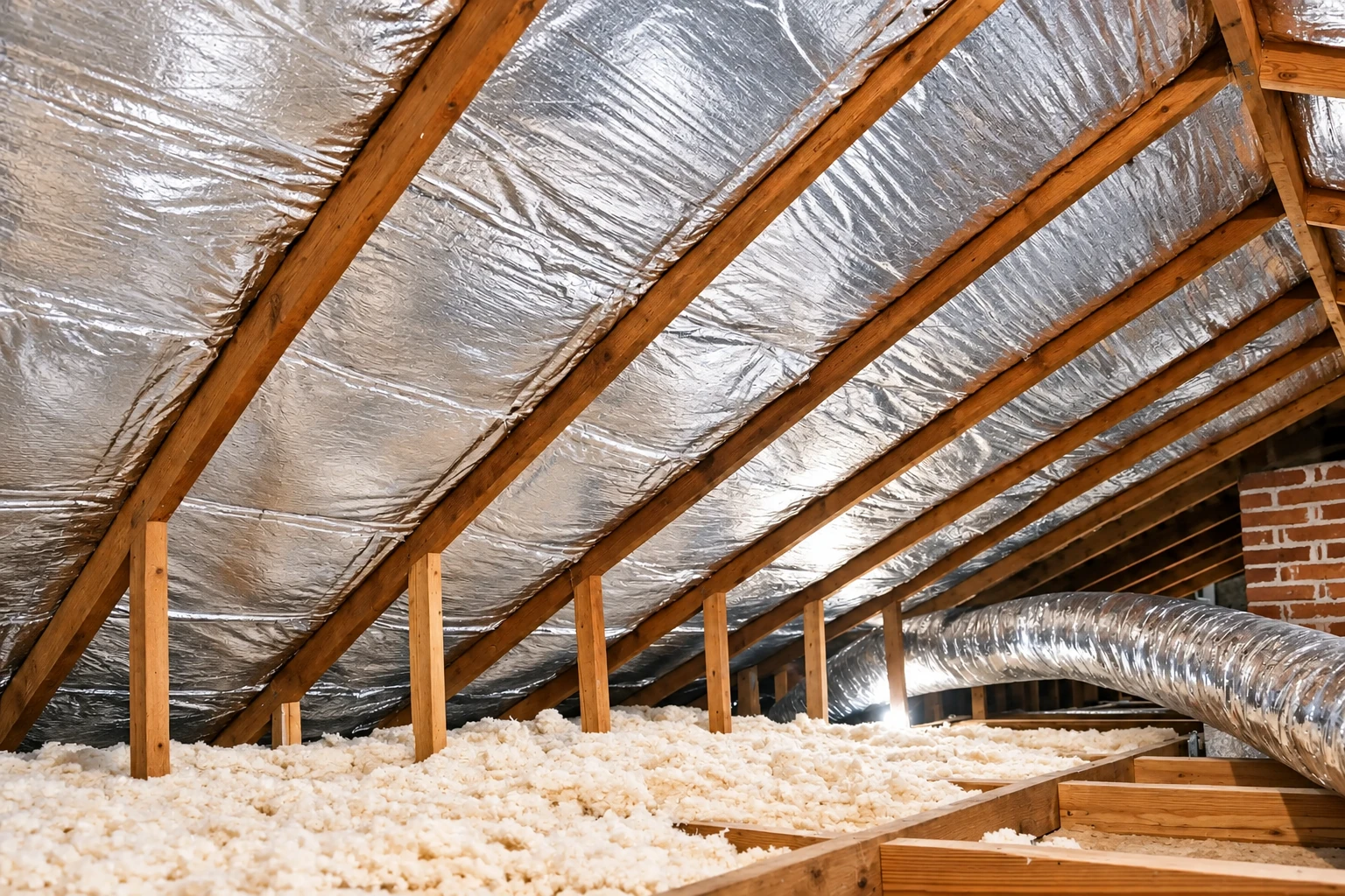 Attic air sealing includes reflective insulation between roof rafters above a layer of loose-fill insulation.