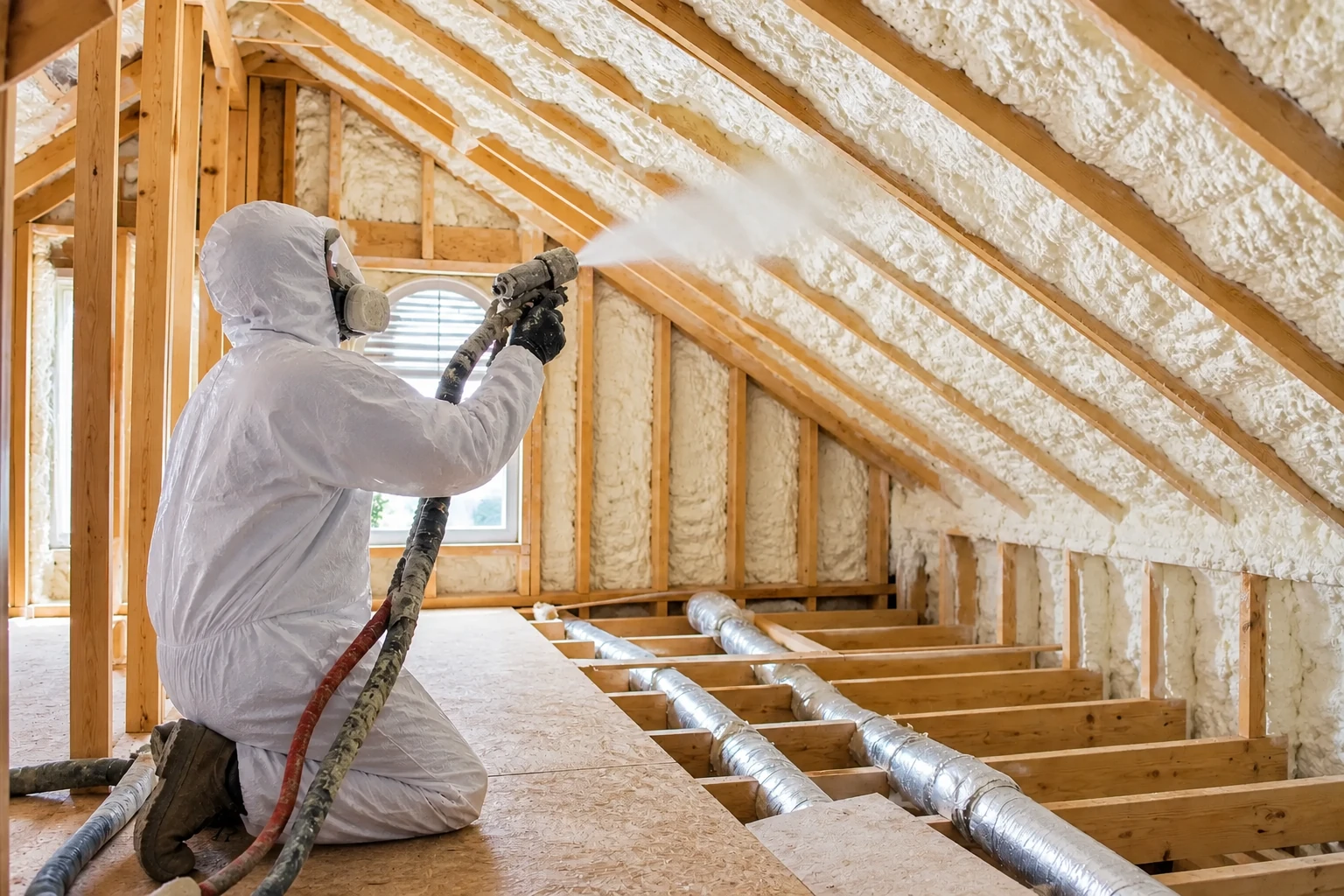 A worker in protective coveralls sprays foam insulation onto the rafters of a timber attic.