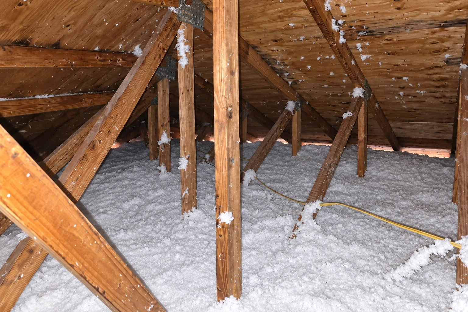 Attic floor covered in loose white insulation beneath exposed wooden roof trusses.
