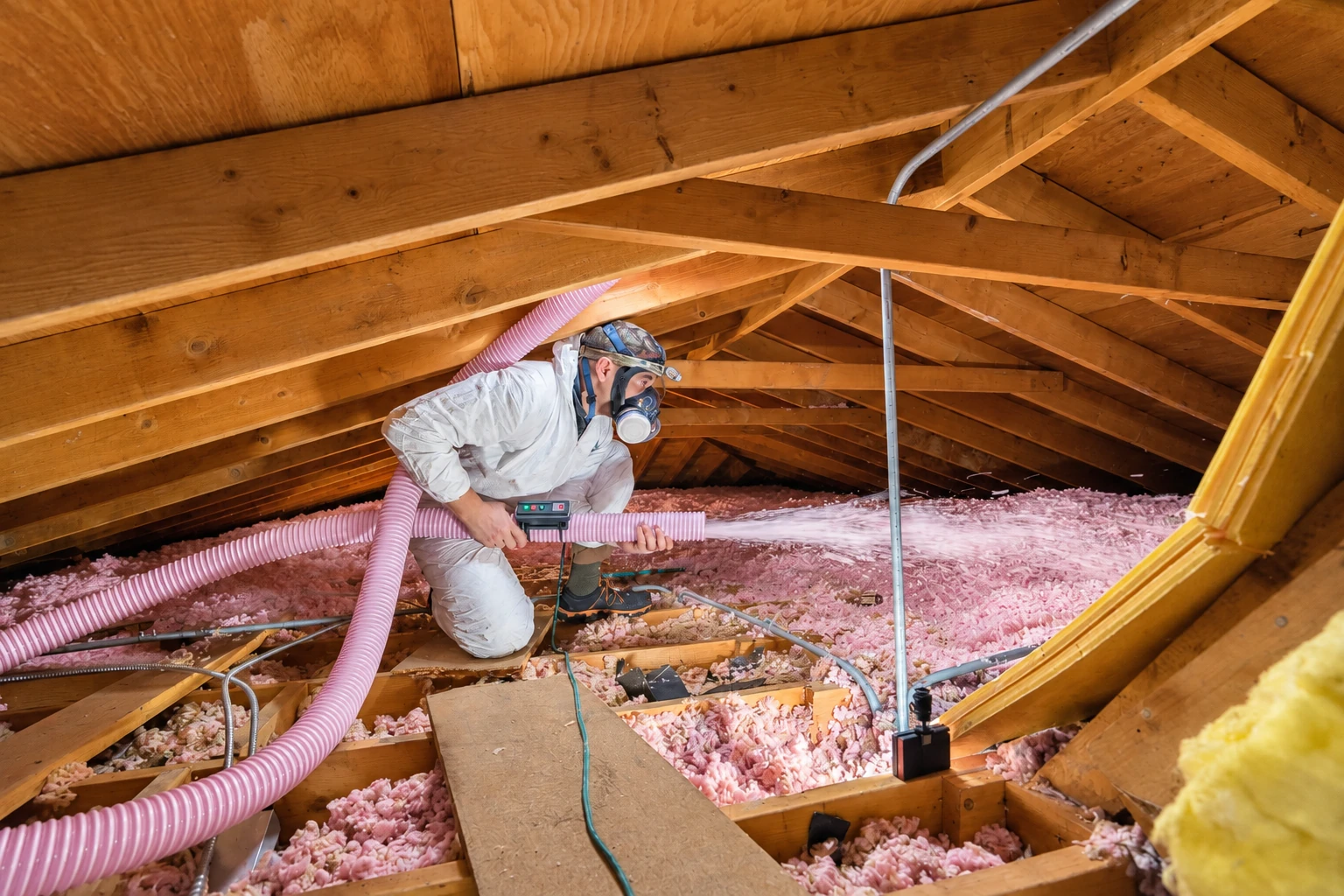 A worker in protective gear uses a hose to blow pink insulation across an attic floor.