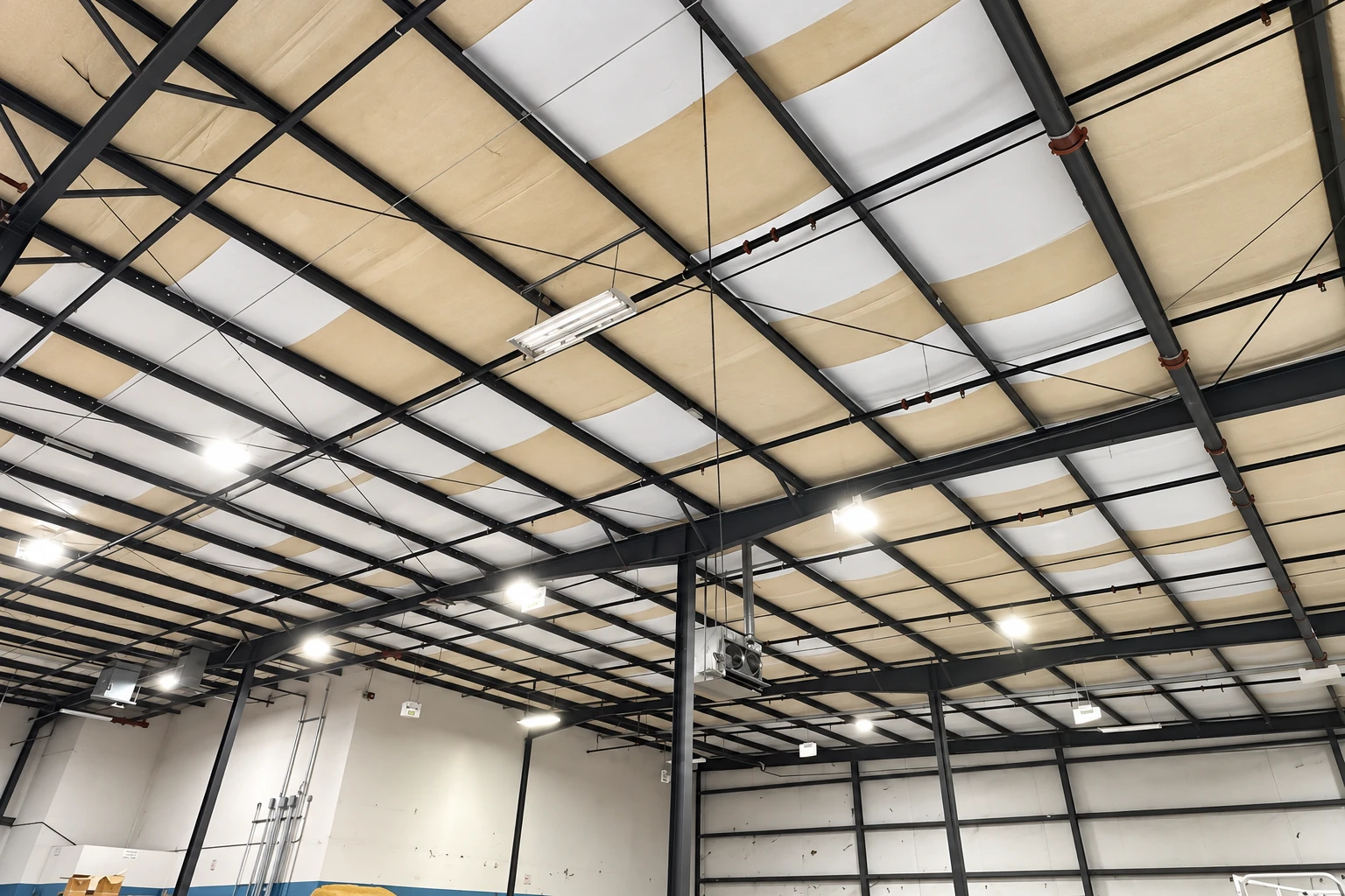 Commercial insulation fills sections of a warehouse ceiling between black steel beams and lights.