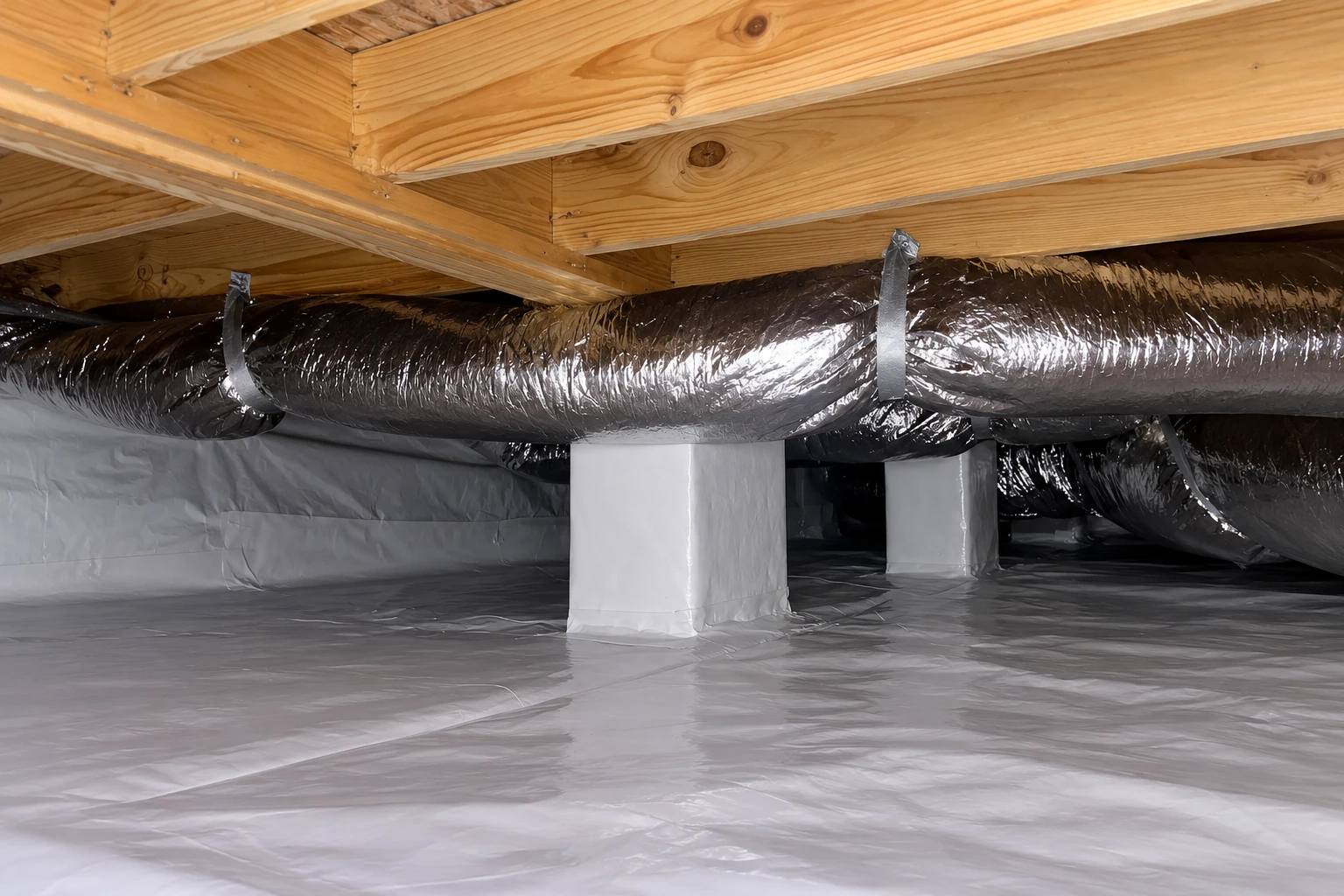 A crawl space with a plastic vapor barrier covering the ground and reflective insulation around the ductwork.