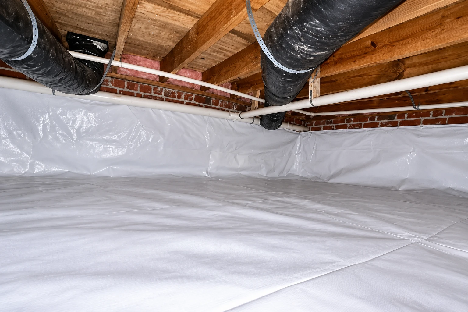 A crawl space has a white vapor barrier covering the floor and lower walls beneath joists, pipes, and ducts.