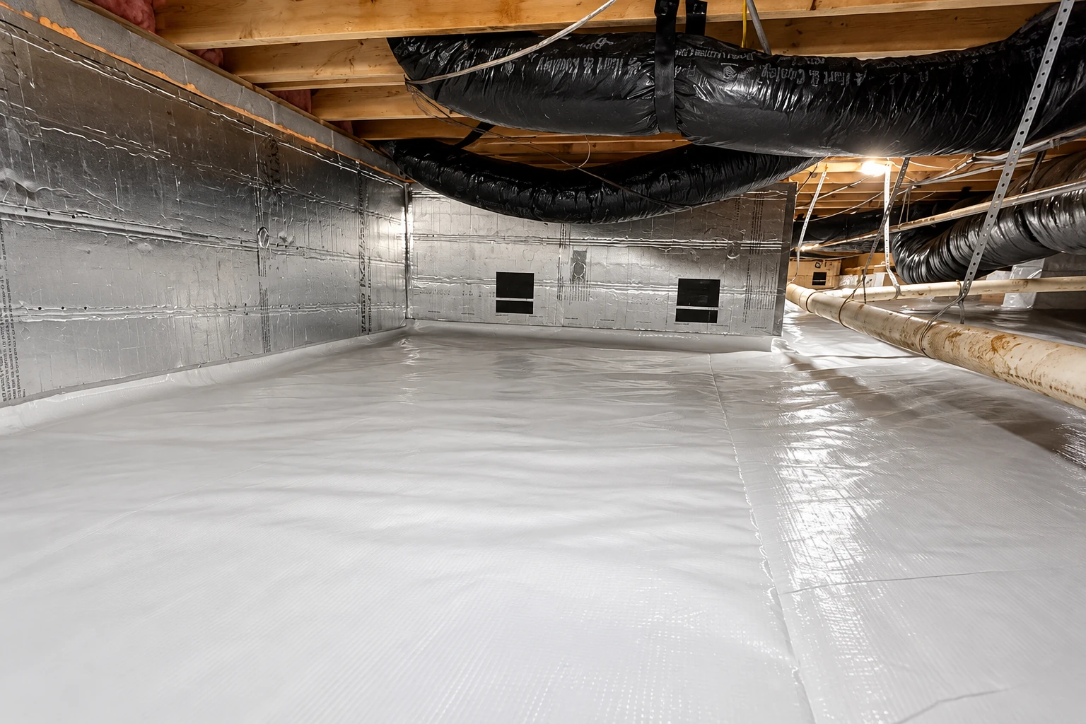 A white vapor barrier covers a crawl-space floor beneath foil-lined walls, with black ducts and exposed wooden joists overhead.