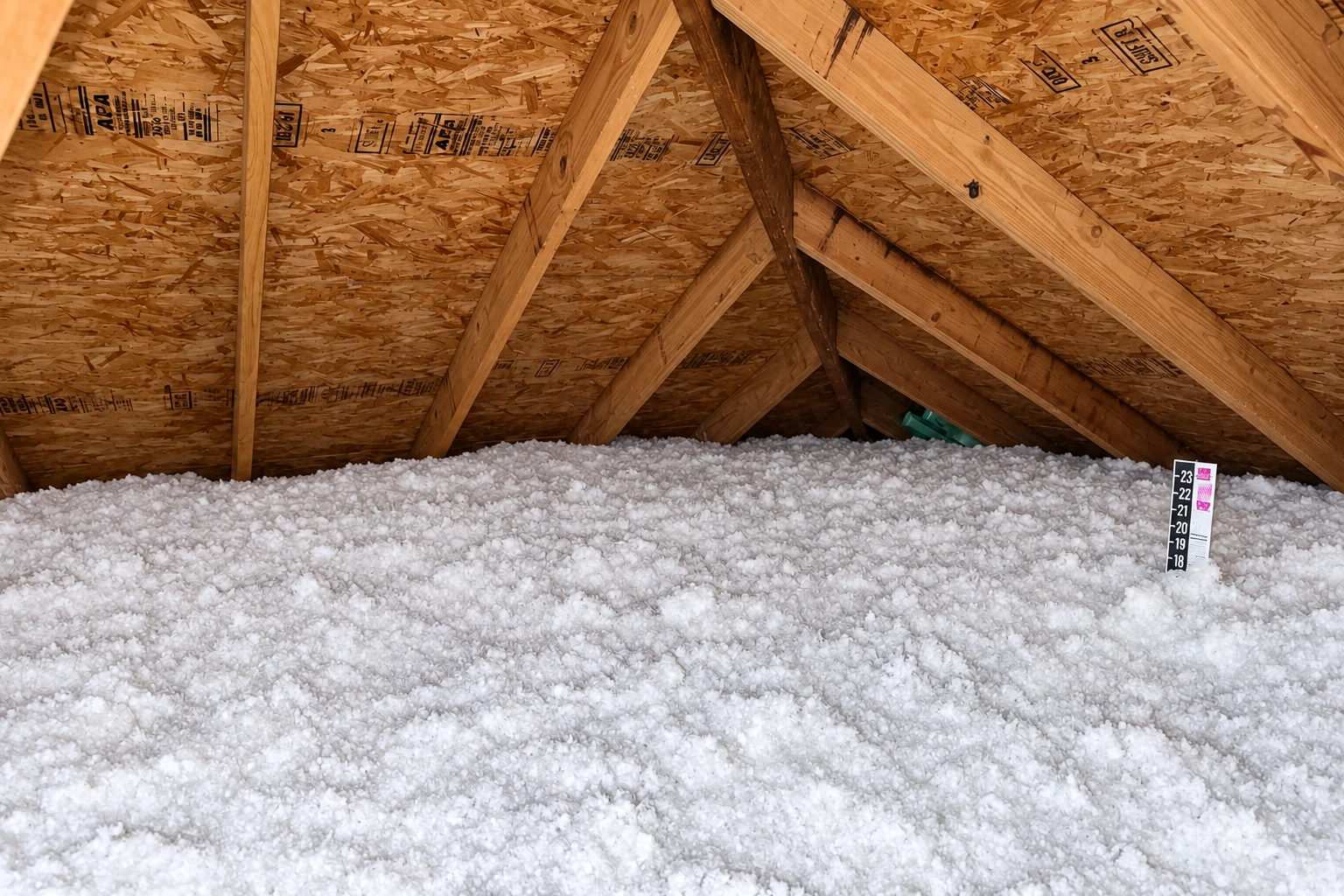 White blown-in insulation blankets an attic floor beneath exposed wooden roof trusses.