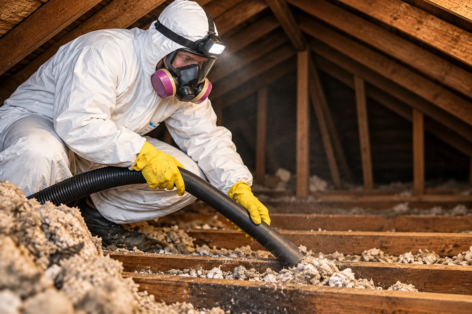 A worker in protective gear vacuums loose insulation from an attic using a large hose.