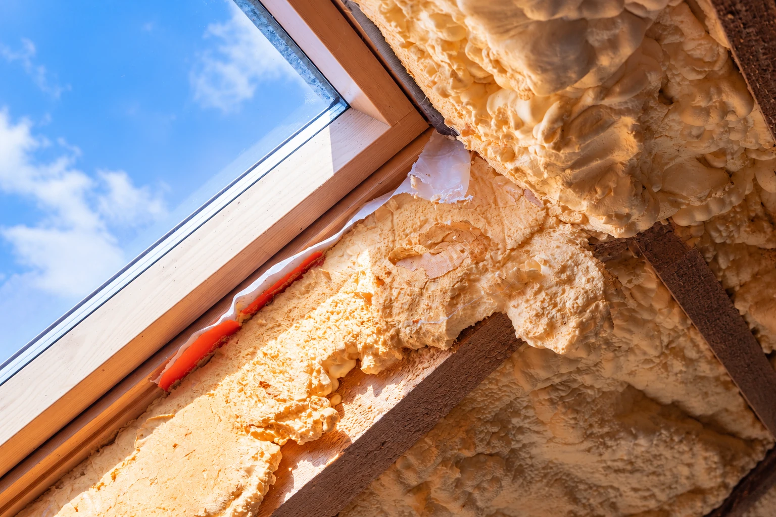 Pale open-cell spray foam covers roof framing around a skylight, with blue sky visible through the glass.