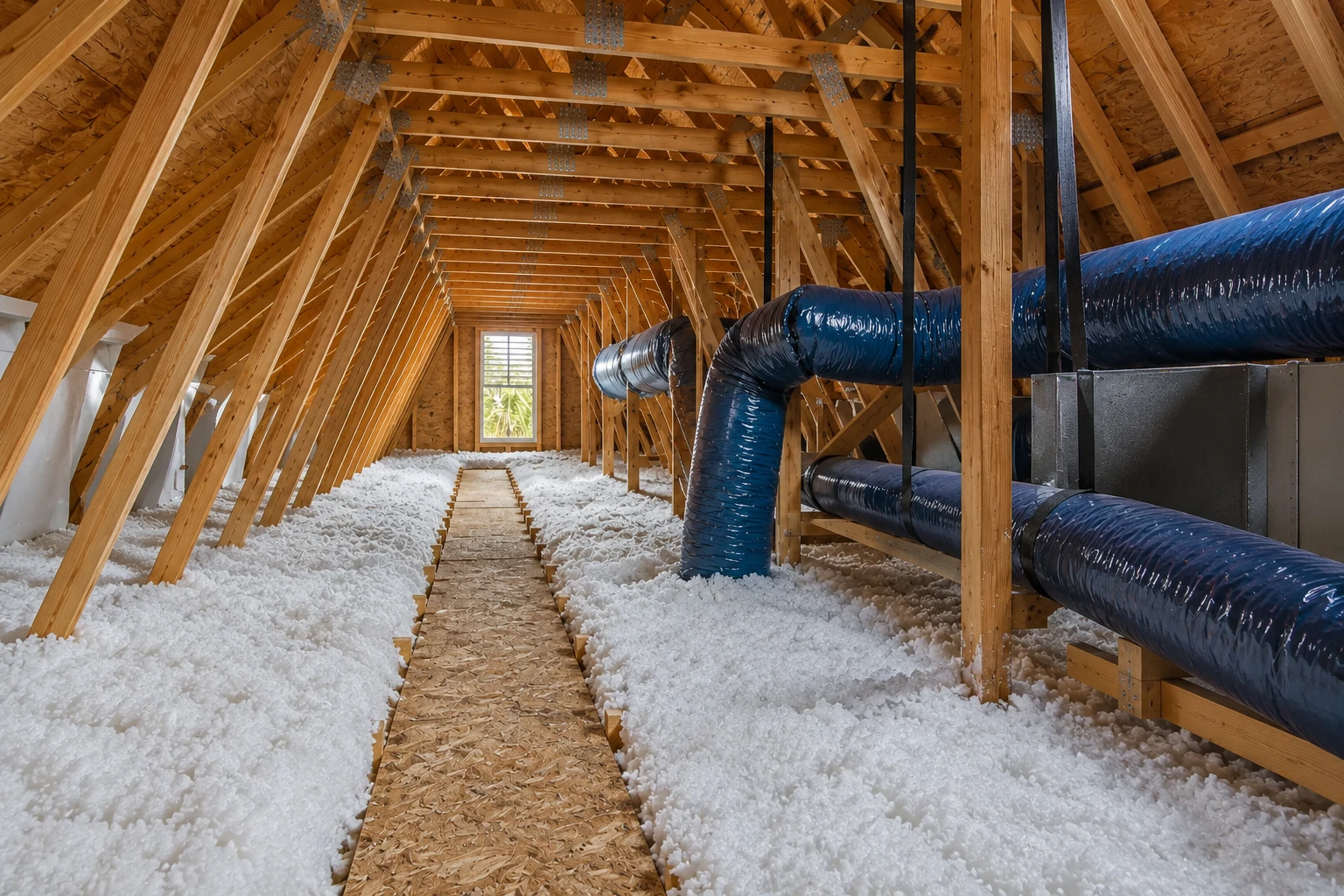 An attic with white blown-in insulation around a narrow walkway and large blue ducts along the rafters.