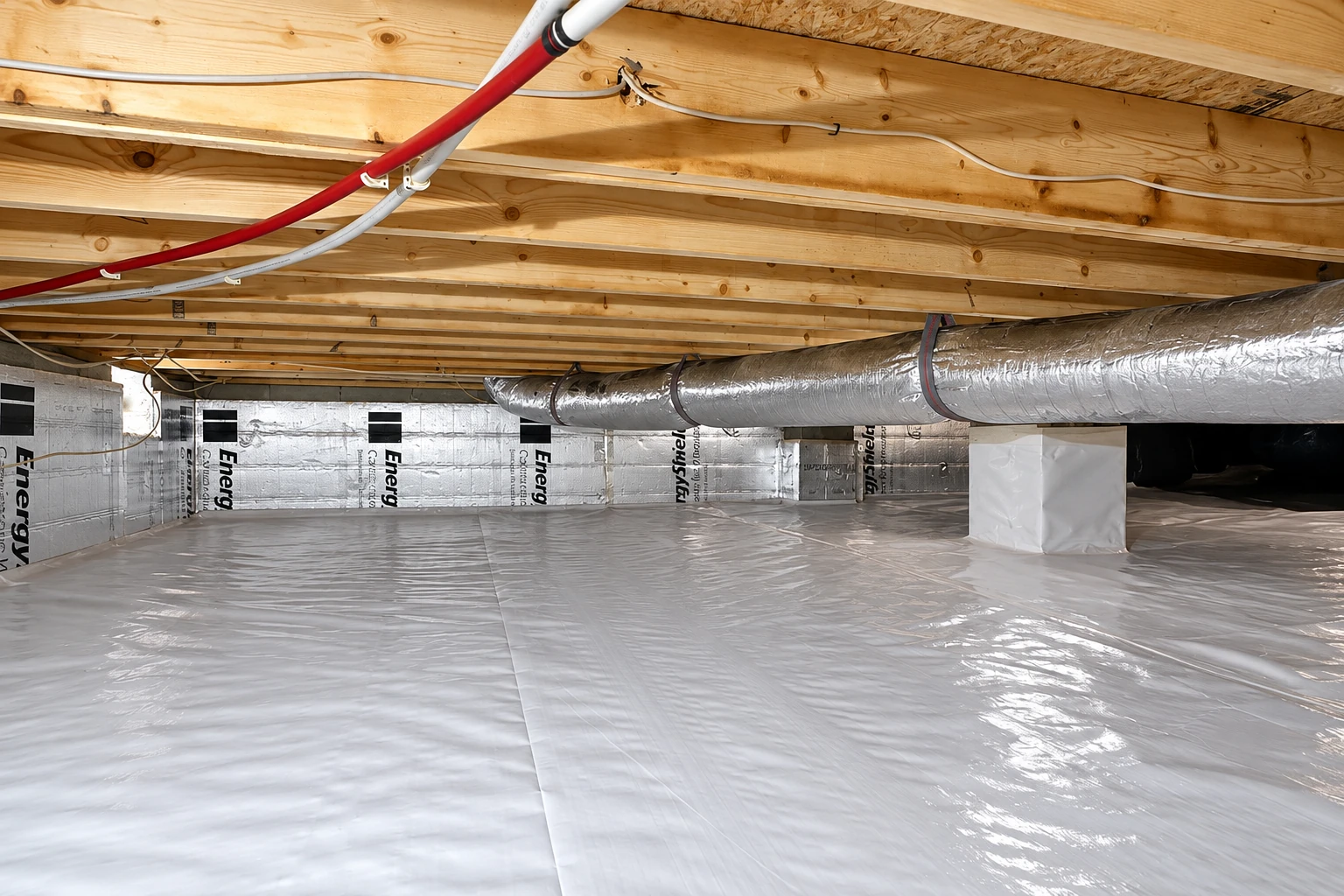 A crawl space has a white vapor barrier across the floor, insulated walls, exposed joists and ductwork overhead.