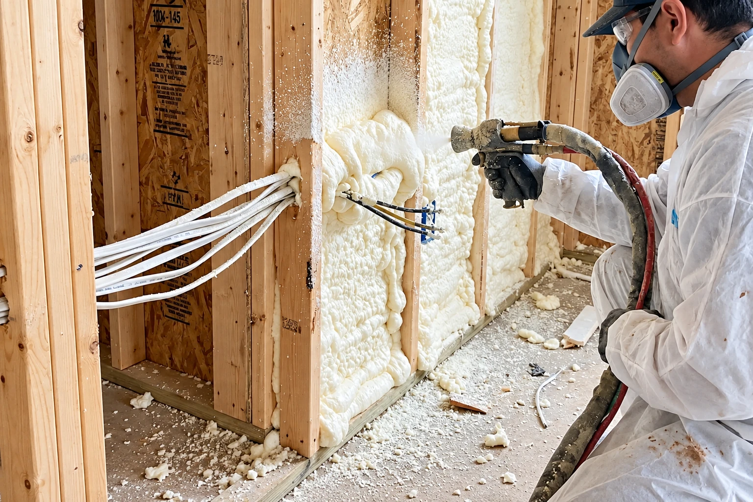 Worker in protective gear sprays foam insulation into the framed cavities of a wall.